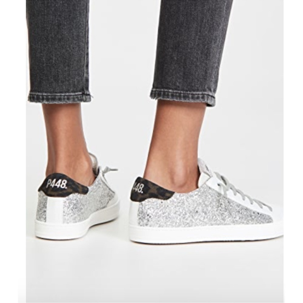 LN P448 John Ginerva Silver Glitter Sneakers White Pearlized Leather Suede Shoes